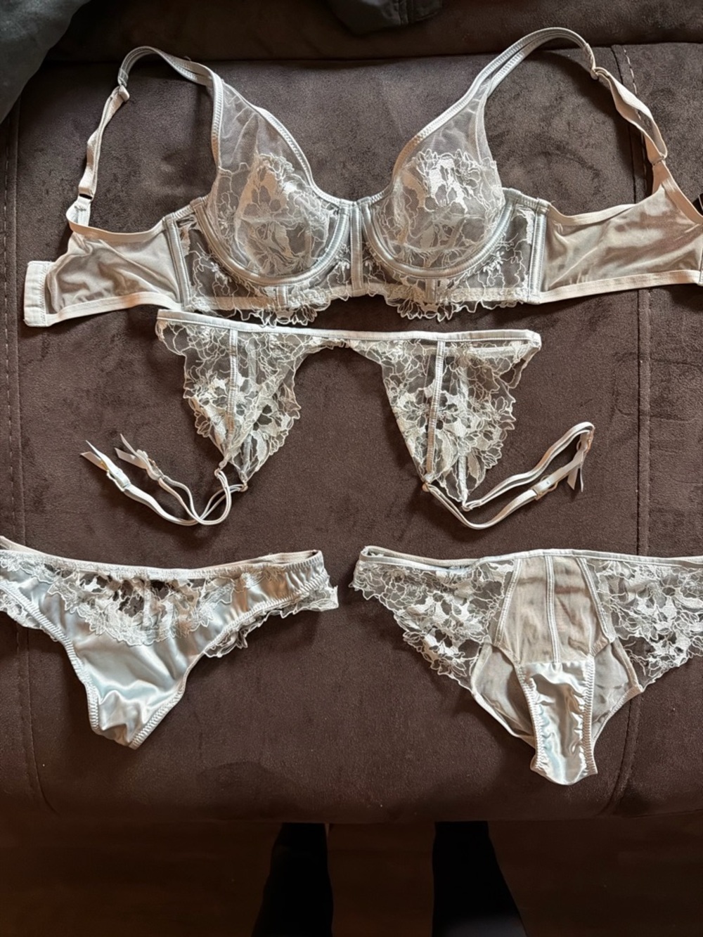 Victoria's Secret Dusty Blue Floral Lace Underwire Bra, Garter and Panties